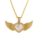 20 Sets Sublimation Blank Angel Wings Bling Keepsake Necklace Photo Angel Wings Zirconia Diamond Bezel Pendant Zinc Alloy Tray with Chain Glass Gemstone Heart (GOLD,SILVER)